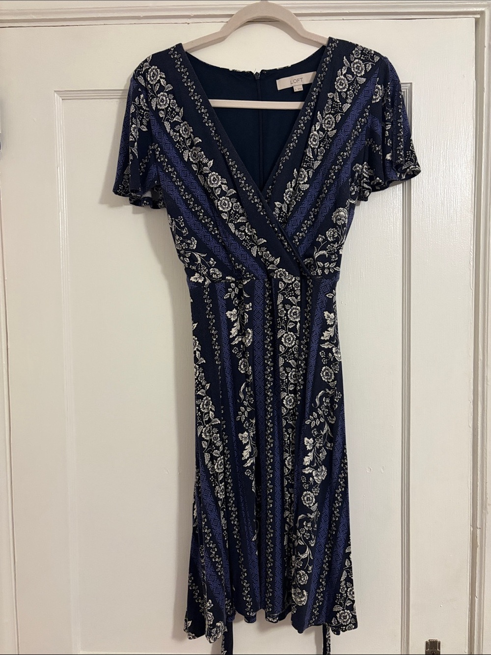 LOFT Navy and White Floral Wrap-Style Mini Dress
